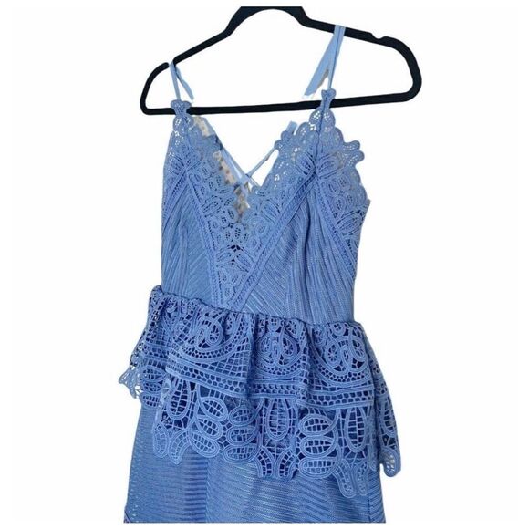 Self-Portrait Lace Peplum Mini Dress Blue Plunging Neck Strappy Back Women’s - 4 - Picture 3 of 12